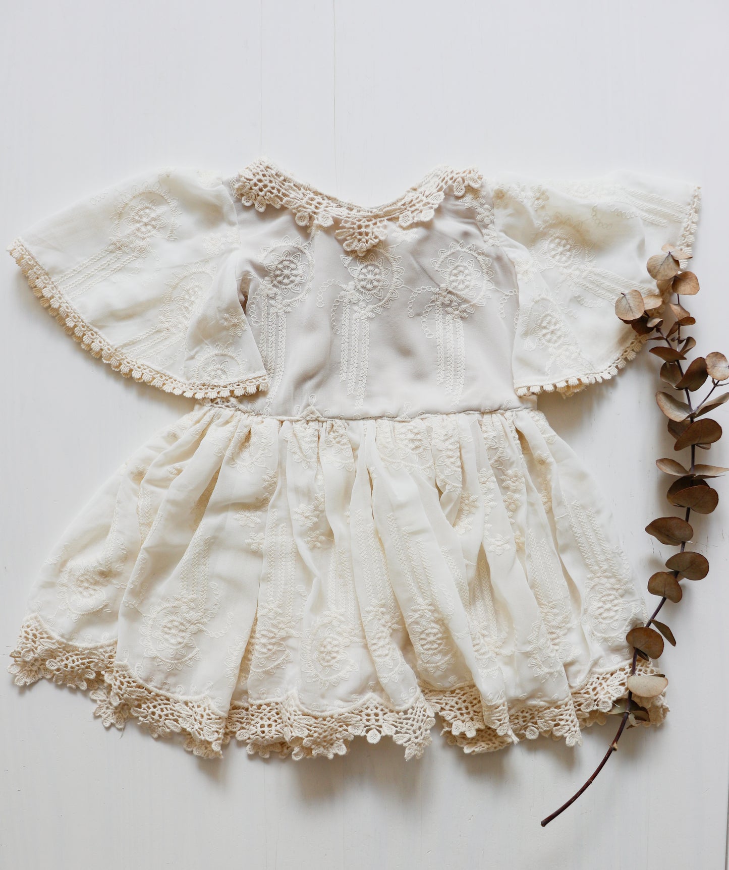 Boho Beige Chiffon Dress with Embroidery and Lace for Girls