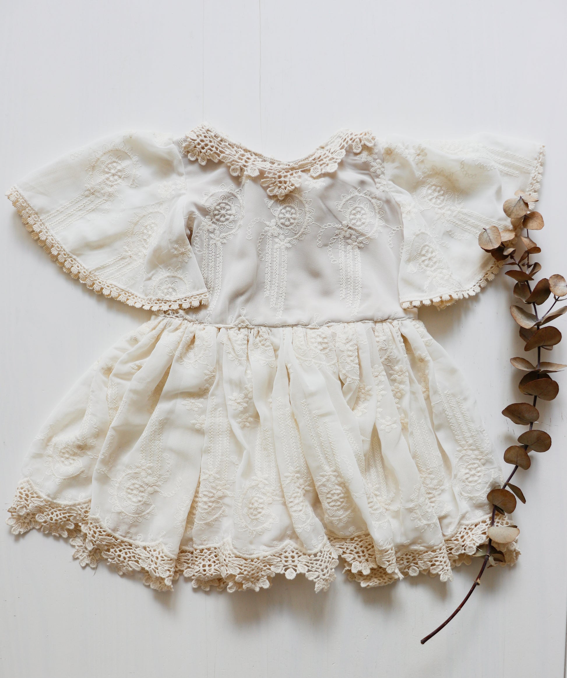 Boho Beige Chiffon Dress with Embroidery and Lace for Girls
