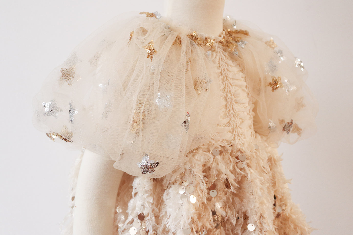 Elegant girl’s dress with puffy star-sequined sleeves, an embroidered fish bone chest, a luxurious feather-style skirt in light beige, and pearl buttons at the back. Ideal for capturing timeless photos.