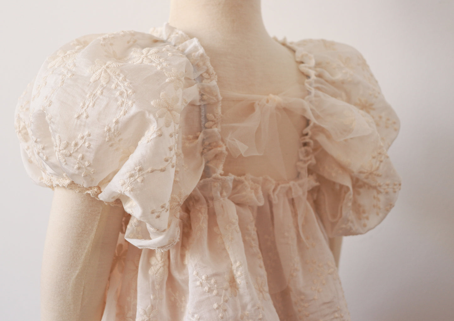 "Close-up of a beautiful beige embroidered chiffon dress with soft puffy sleeves and intricate lace, designed for special celebrations and outdoor sessions."