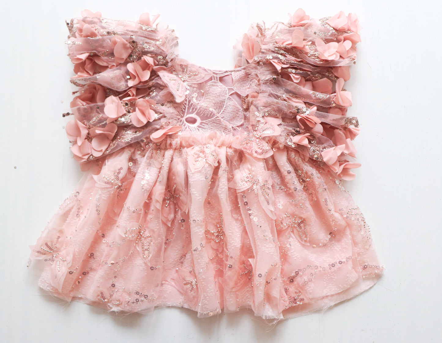 Fairy-inspired pink dress with 3D butterflies and matching bloomer for girls