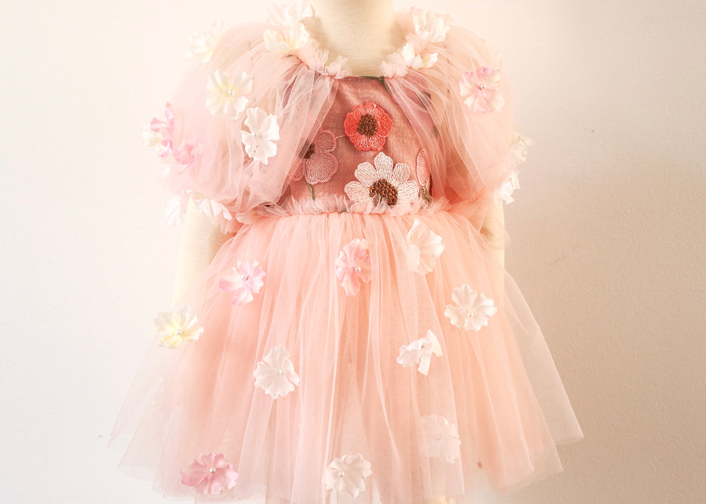 Ethereal Floral Dress with 3D Petals – Perfect for Spring
A delicate pink dress with floral embroidery on the bodice and soft puffy tulle sleeves, adorned with 3D petals.