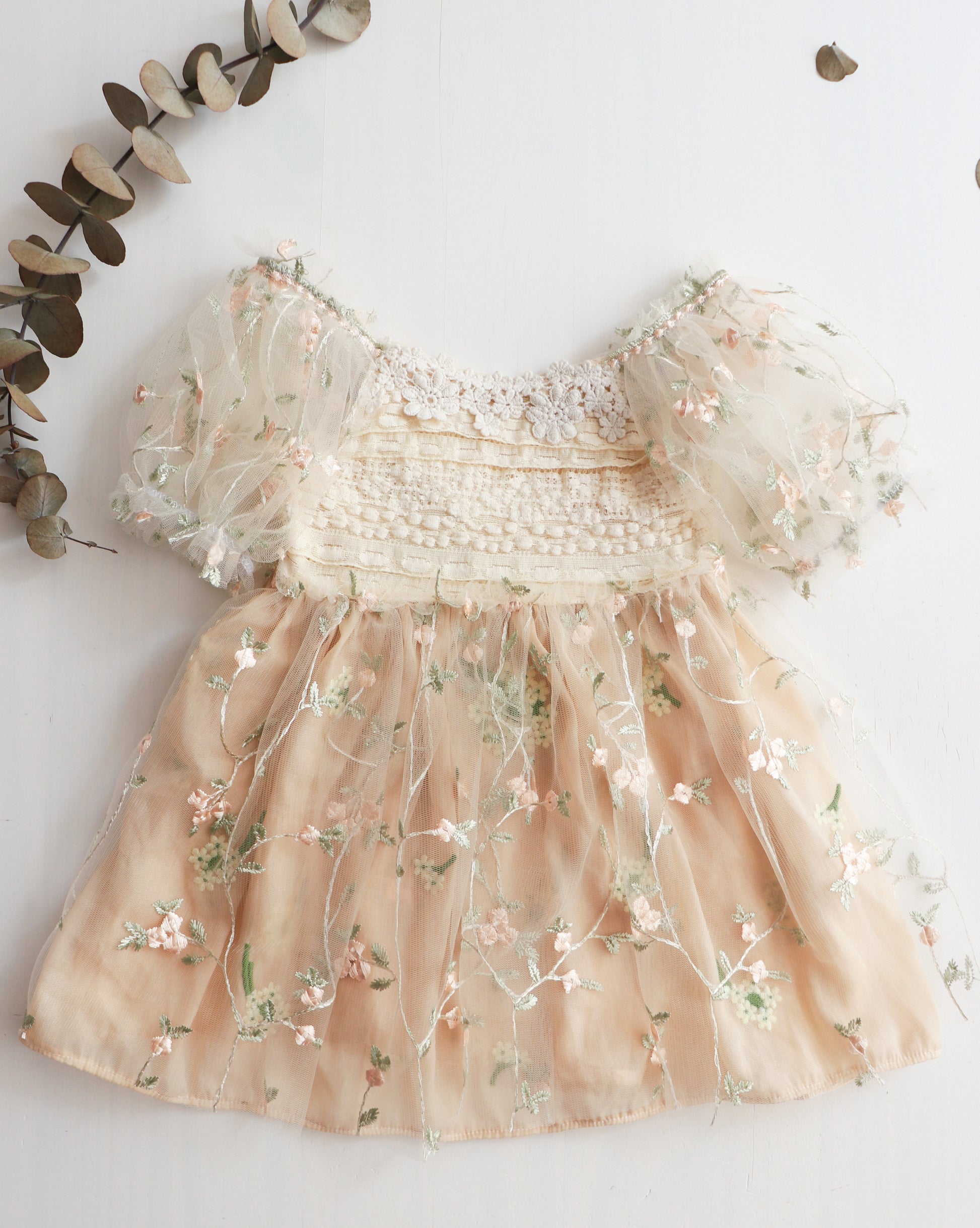 A beige lace dress for girls with embroidered tulle and a floral chiffon skirt, displayed on a white background with decorative leaves.