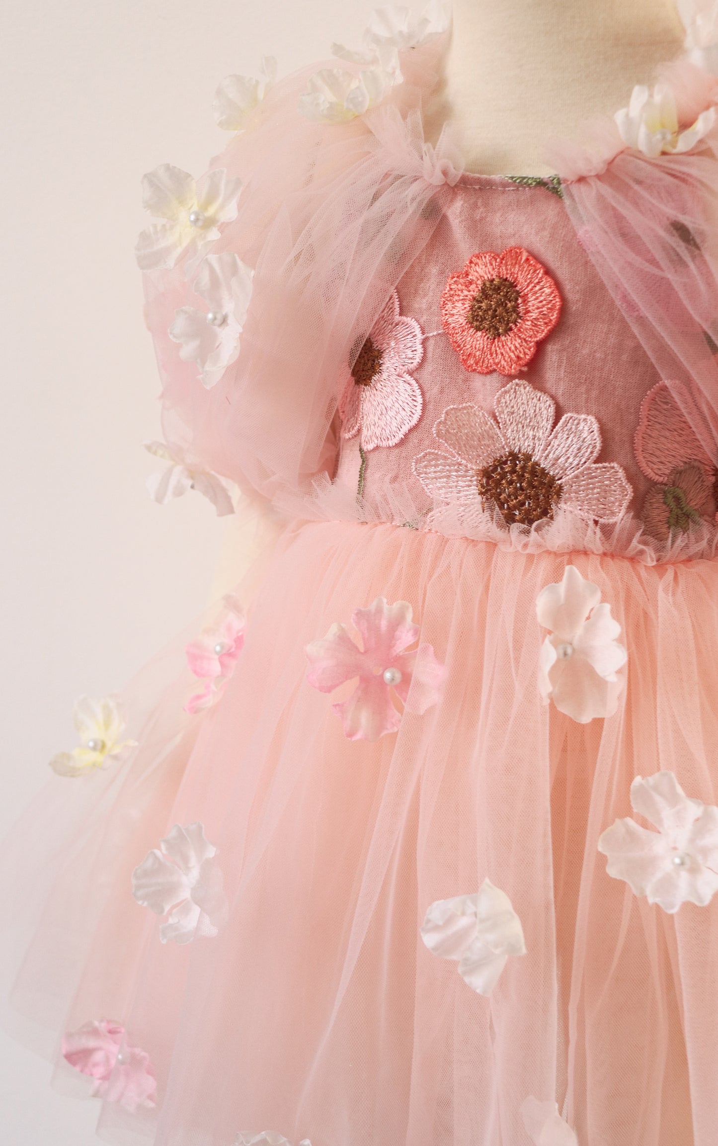 Dreamy Fairy Tale Dress with 3D Flowers & Flowing Tulle
A whimsical floral dress with pastel embroidery, designed for a magical, nature-inspired aesthetic.