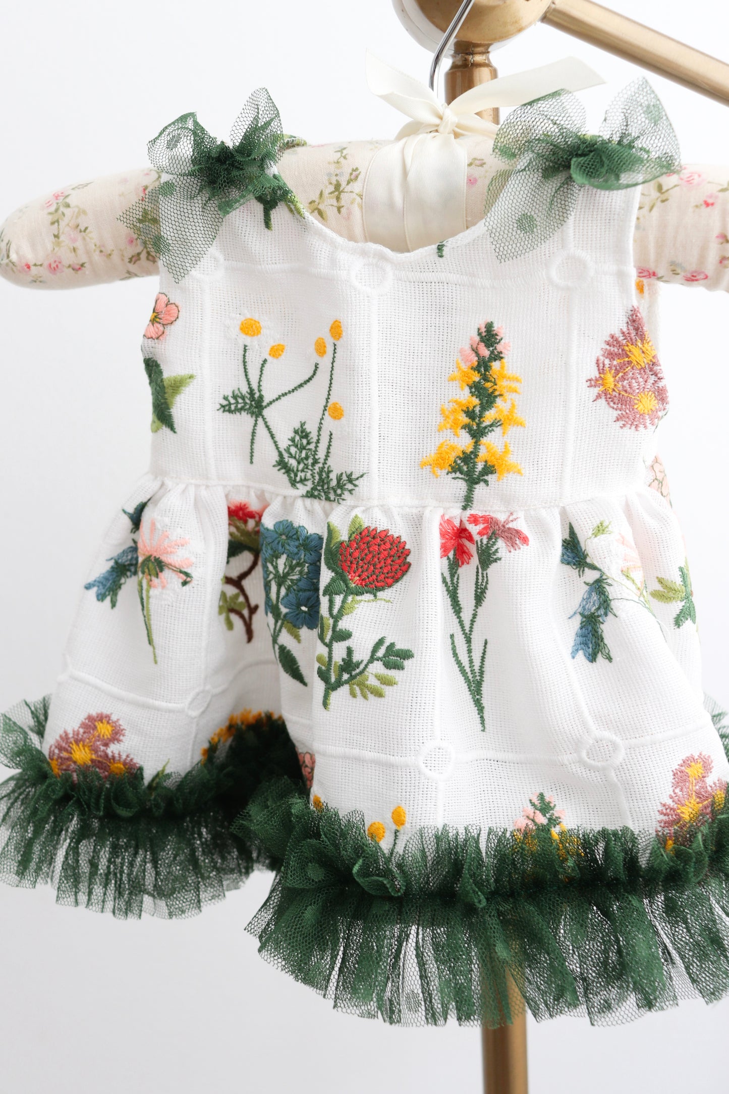 "Newborn mini girl dress with flower embroidery and green dottie tulle"