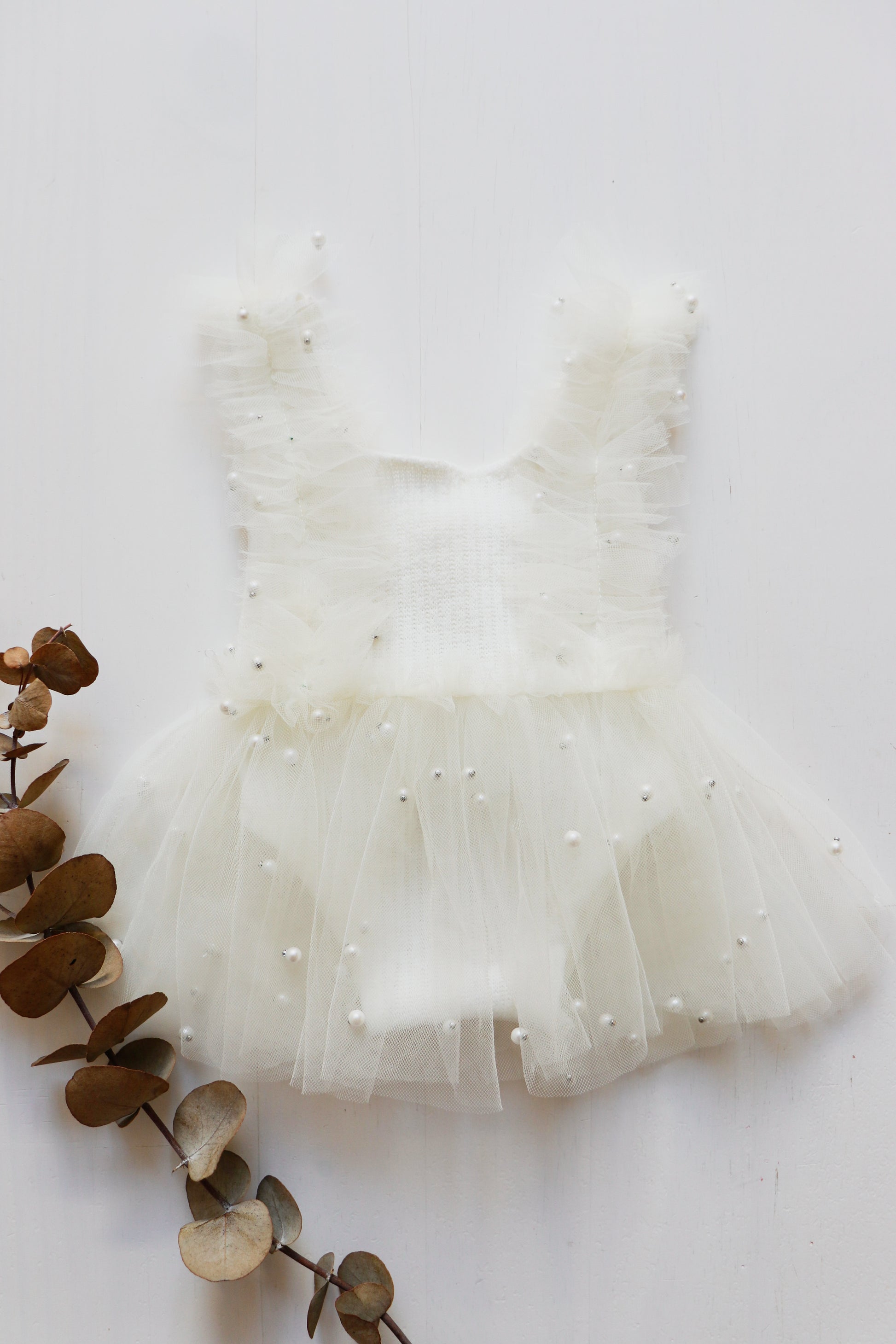Newborn White Stretch Wool Romper Dress with Ruffled Pearls Tulle, Sage Green Ribbon, and Unisex Béguin and Pants