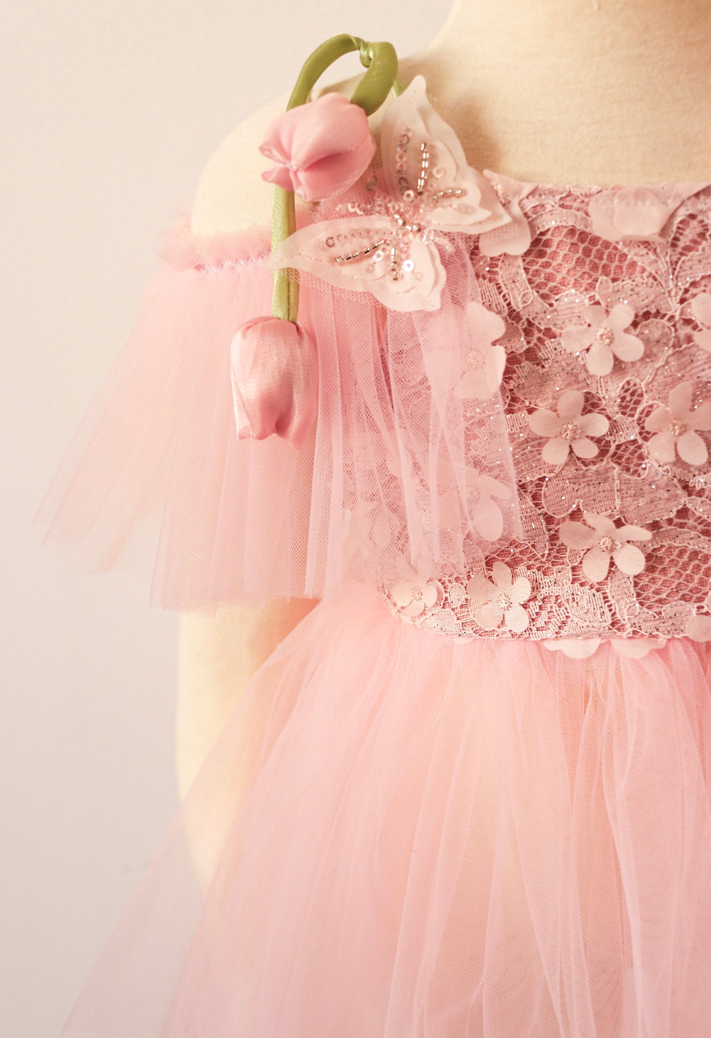 Pink flower girl dress with tulip straps, ruffled tulle sleeves, and butterfly details – includes matching bloomer