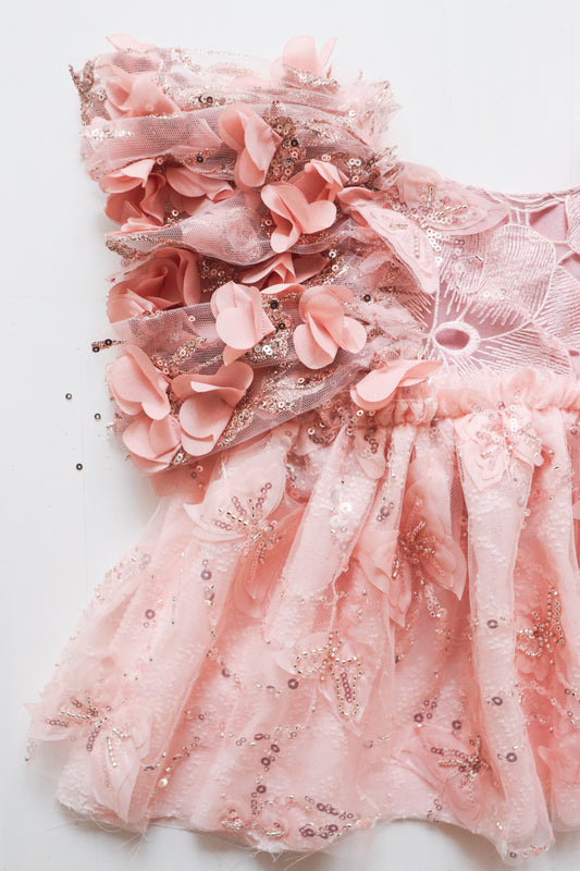 Pink girl’s dress with 3D flower petals and golden glitter, comes with bloomer