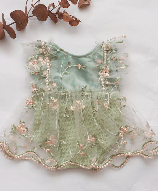 FLEUR MARGOT Floral Embroidered Baby Dress in Soft Green with Ruffled Sleeves and Sheer Overlay