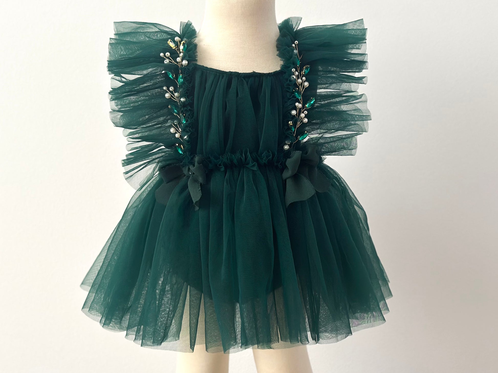 Evergreen girl dress photoshoot christmas session with green tulle dress and floral details