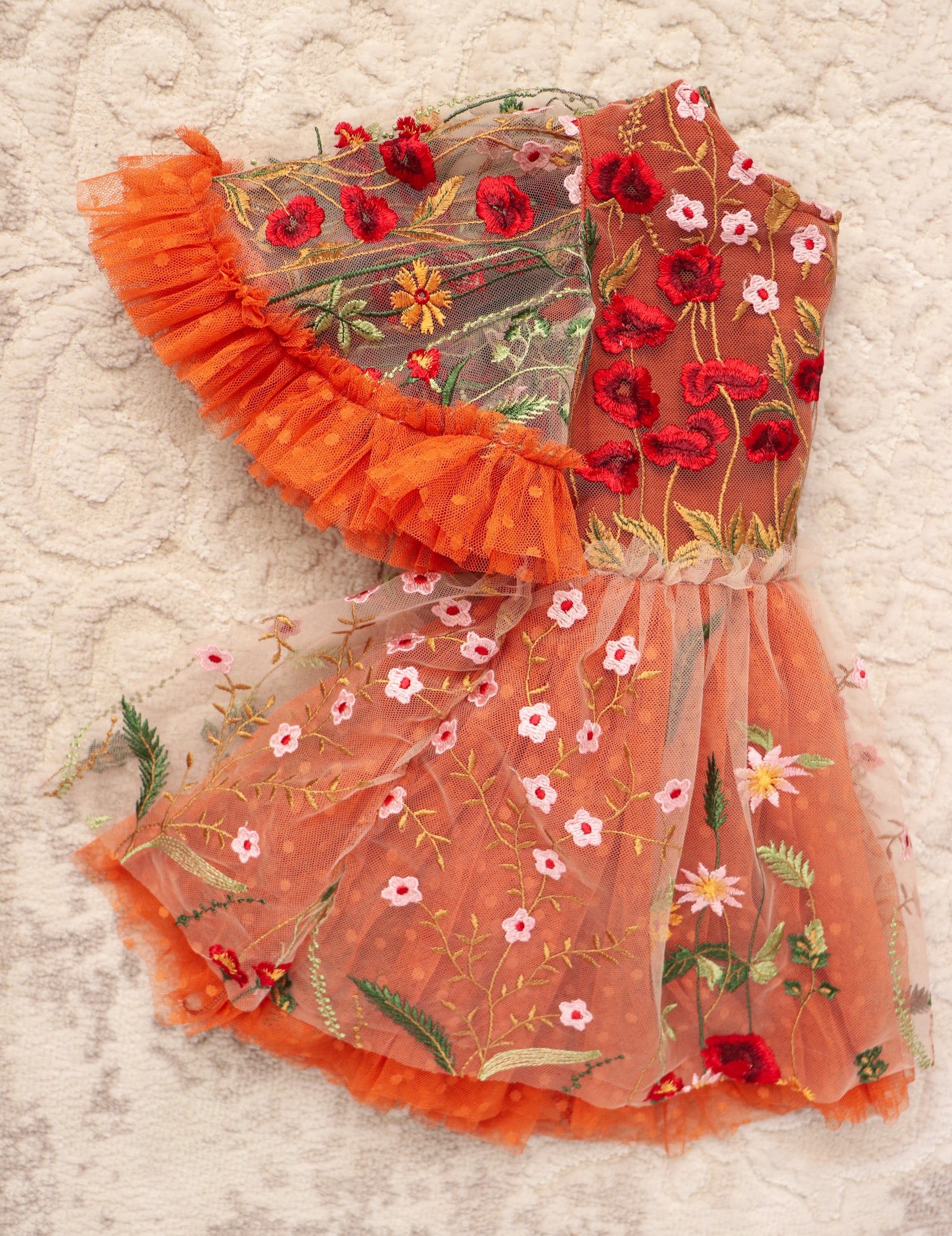 Girl embroidered photo prop dress with floral designs and orange ruffled tulle by FLEUR MARGOT