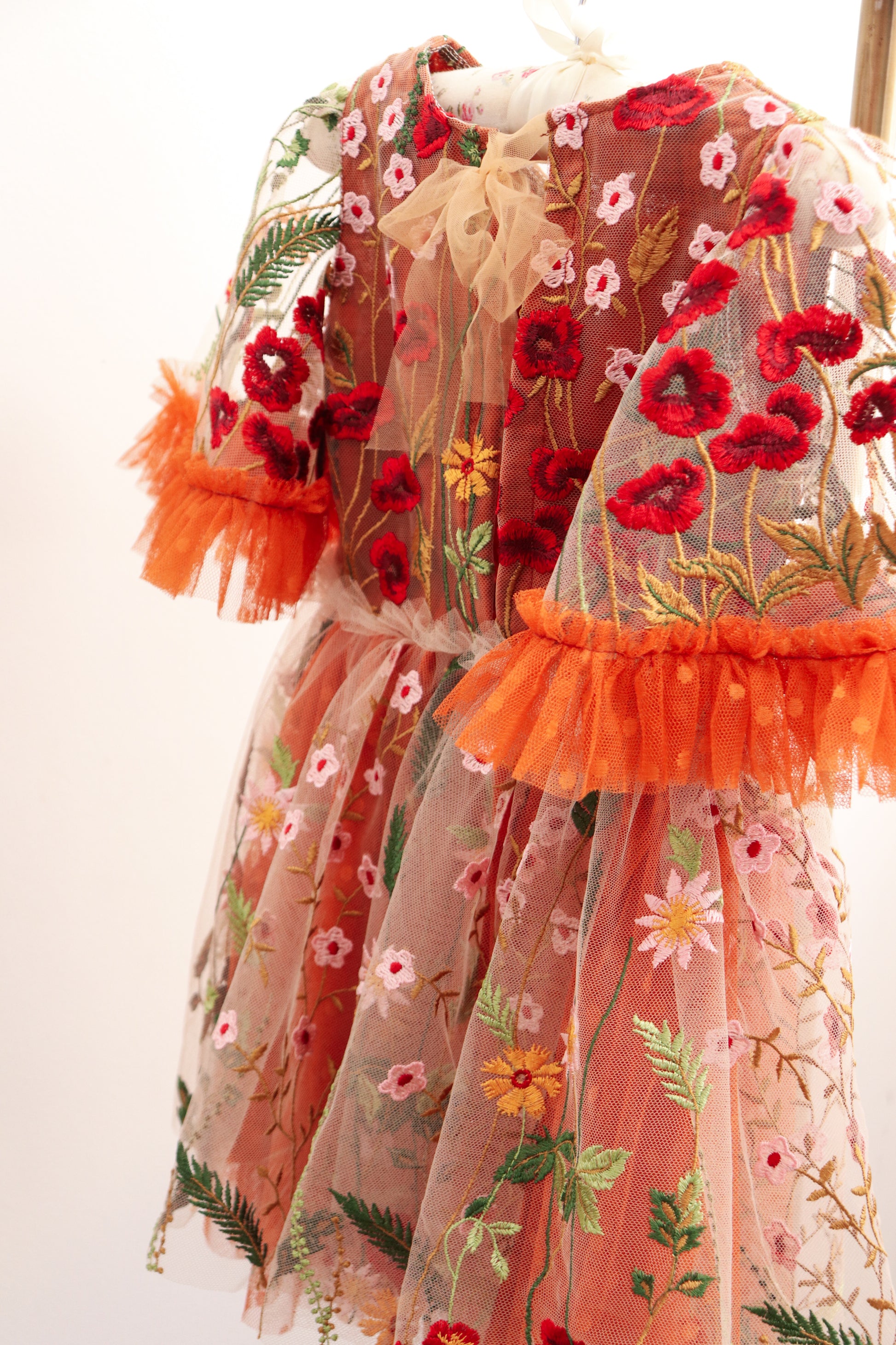 Girl embroidered photo prop dress with colorful floral embroidery and orange tulle sleeves by FLEUR MARGOT