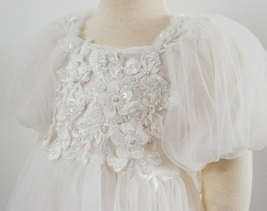 White girl photo shoot dress with floral lace appliques and puff tulle sleeves by FLEUR MARGOT