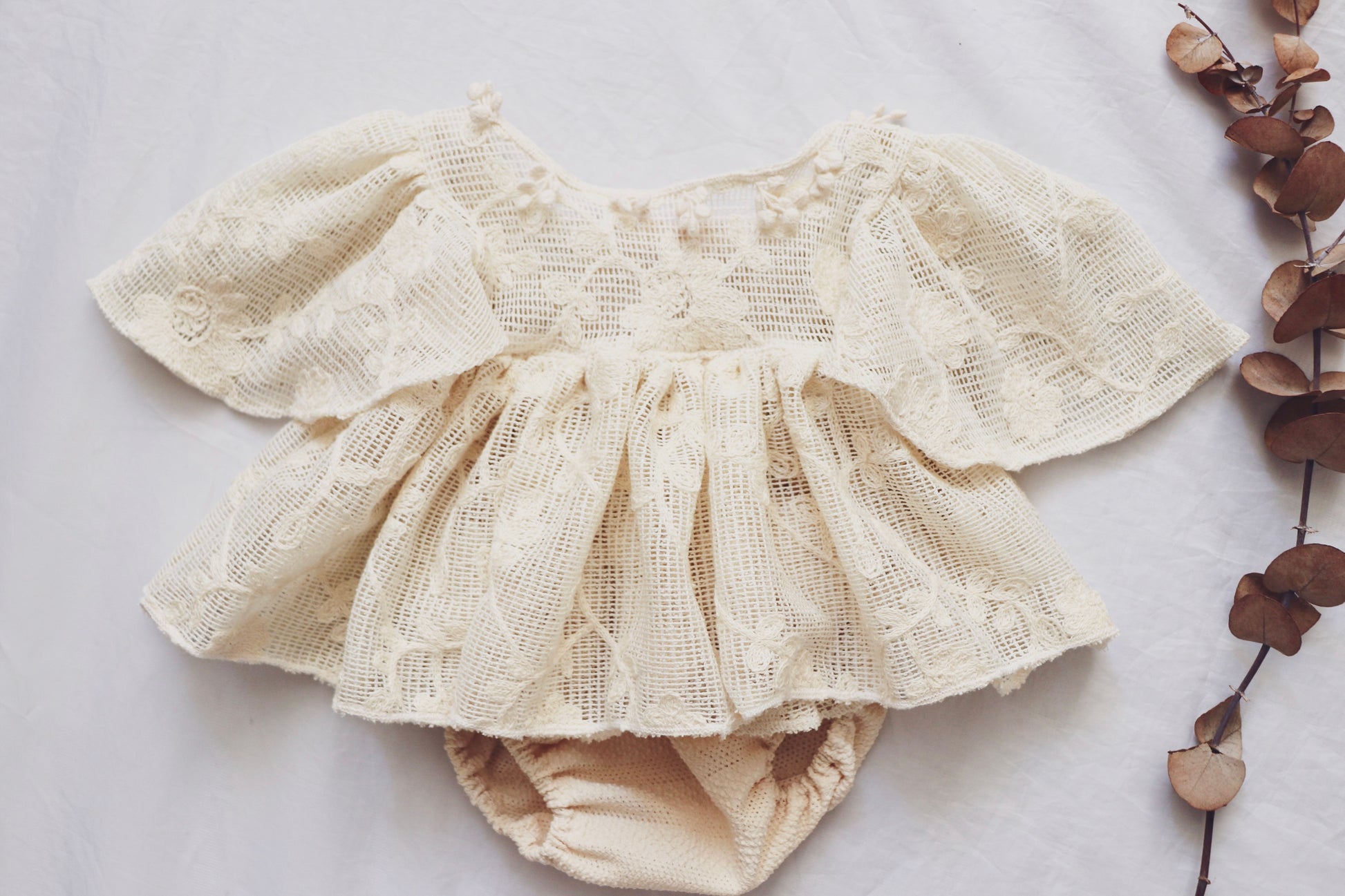 Cream lace dress and matching bloomers as a handmade baby photography prop by FLEUR MARGOT