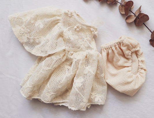 FLEUR MARGOT handmade baby photography prop featuring a delicate cream lace dress and matching bloomers