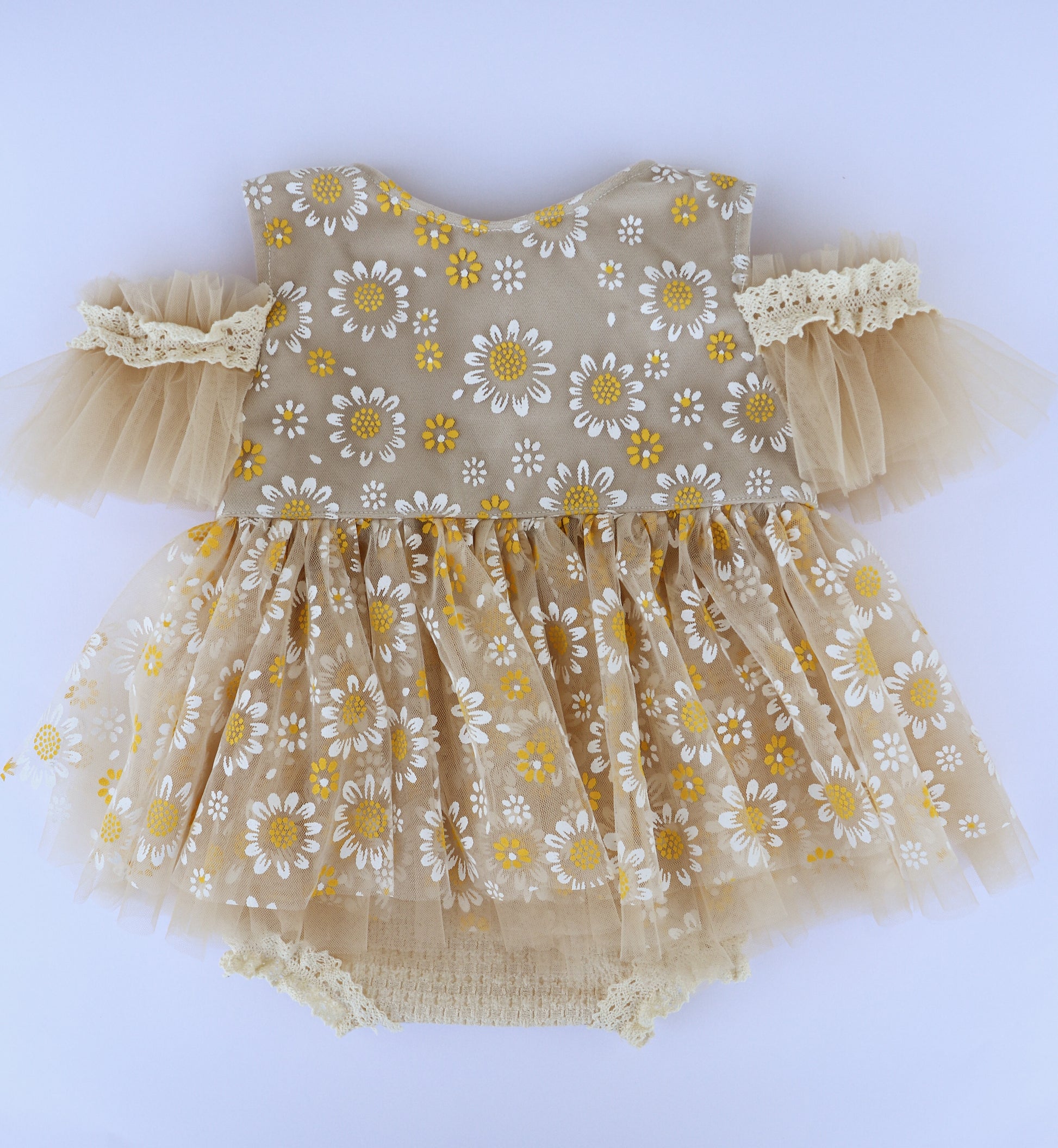 FLEUR MARGOT beige handmade daisy baby dress with floral print and tulle sleeves