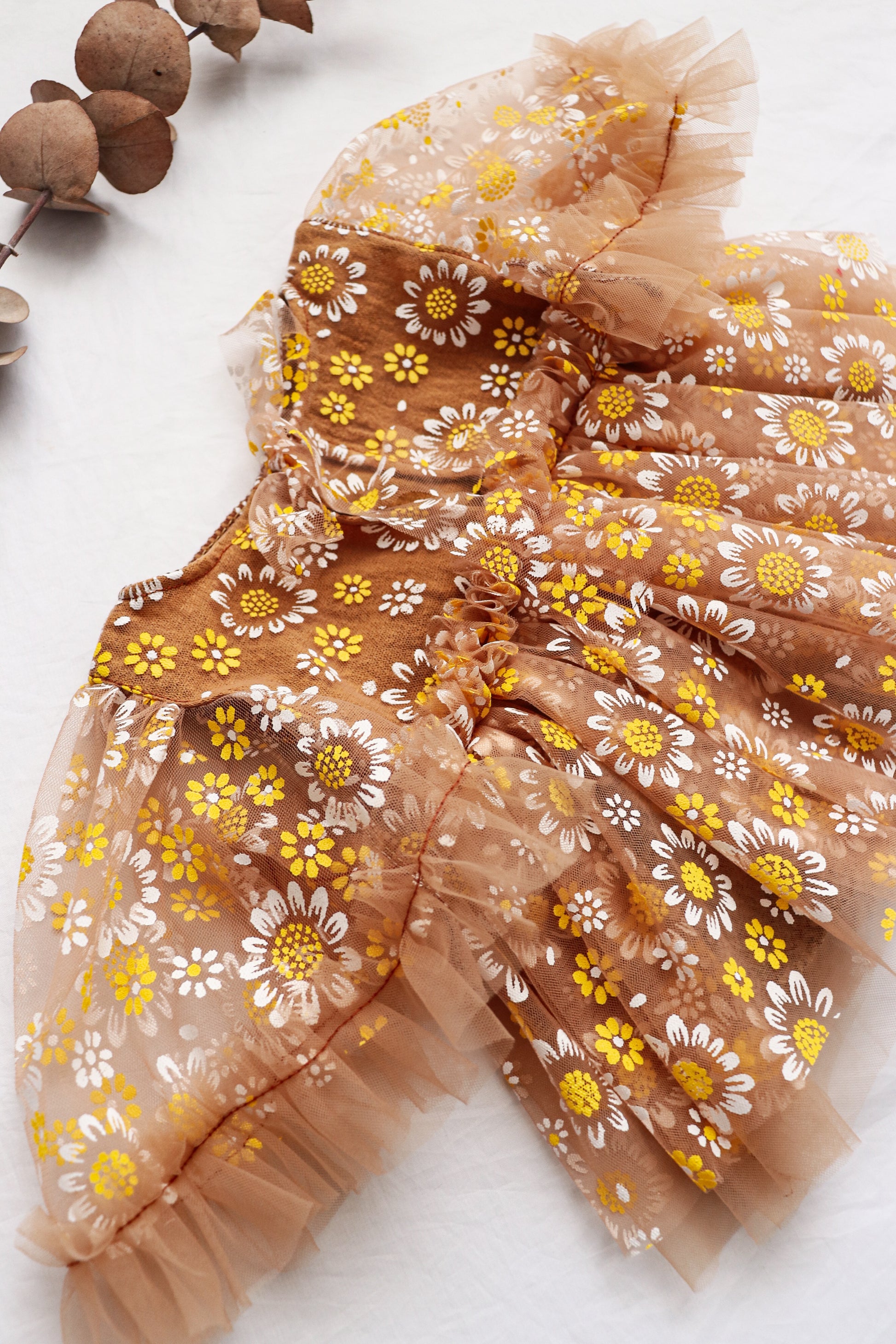 Fleur Margot handmade newborn photography prop brown dress with yellow and white floral pattern and tulle details