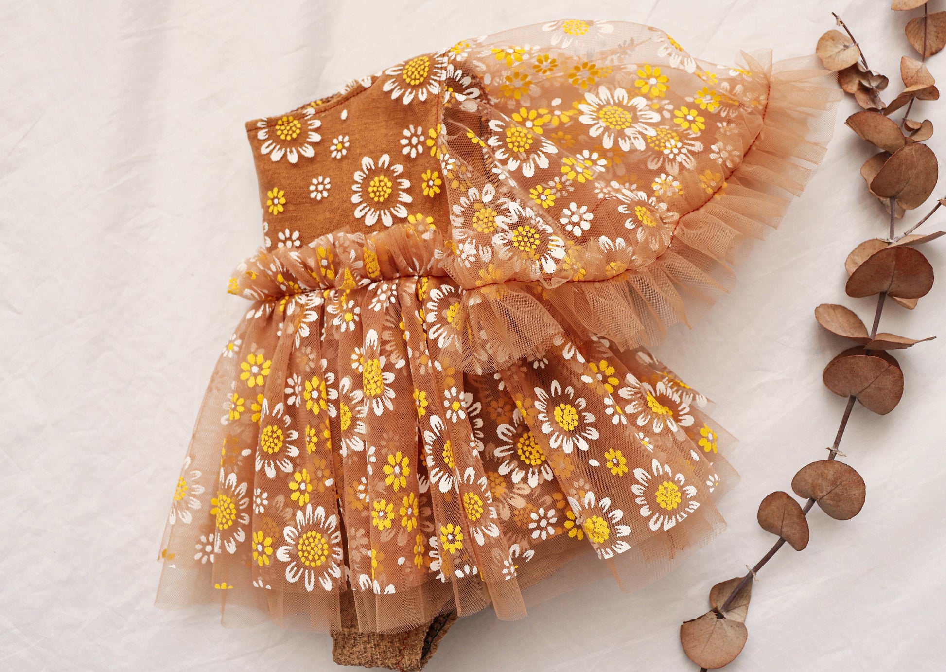 Handmade newborn photography prop dress with brown and yellow floral pattern and tulle skirt