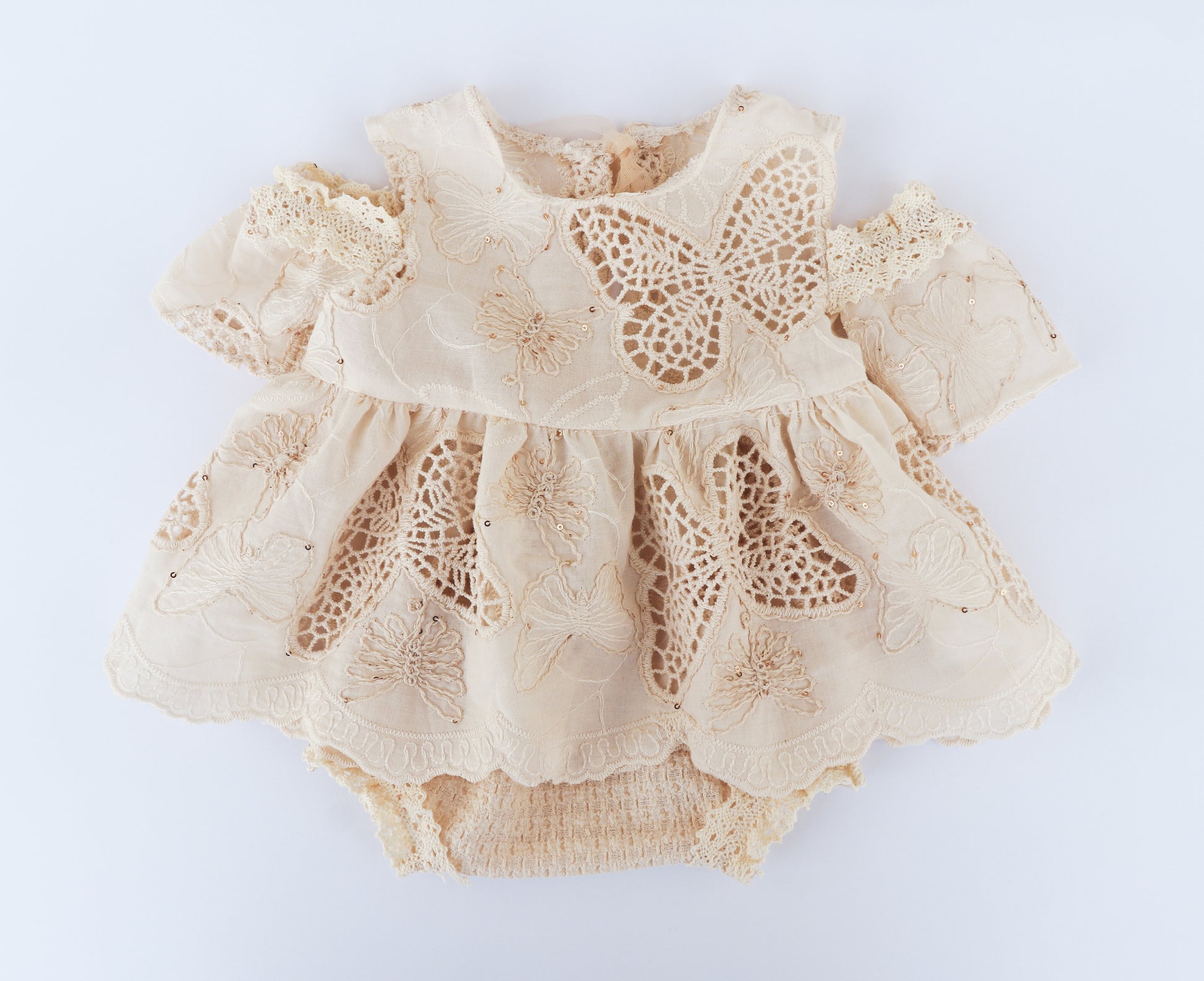 FLEUR MARGOT cream lace newborn baby girl photography dress with butterfly embroidery and puff sleeves