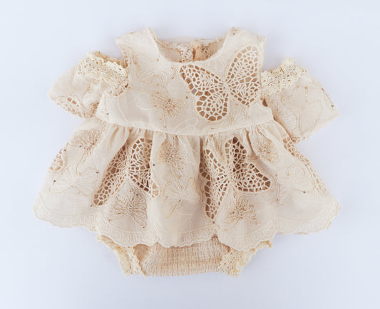 FLEUR MARGOT cream lace newborn baby girl photography dress with butterfly embroidery and puff sleeves