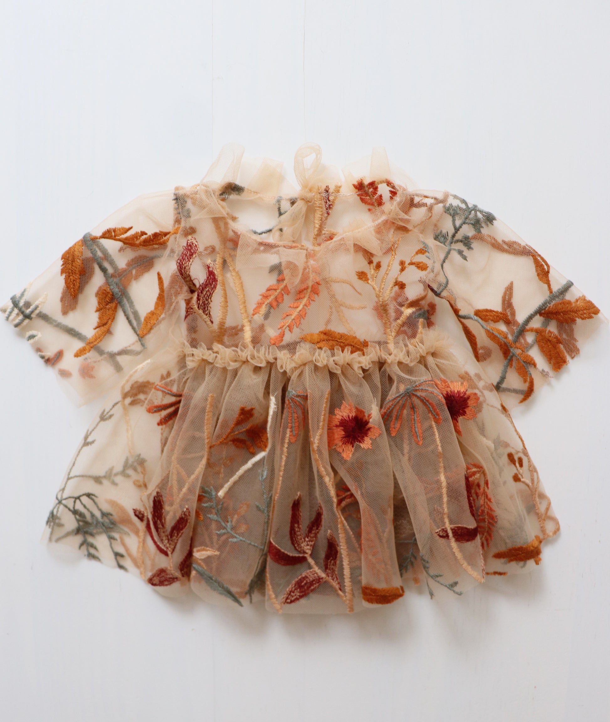 FLEUR MARGOT delicate newborn floral photo outfit with embroidered leaves and flowers on sheer fabric