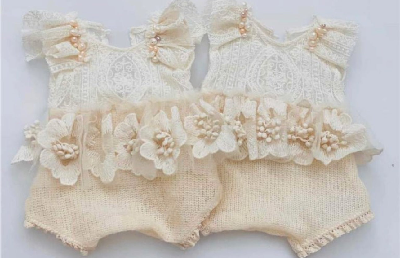 FLEUR MARGOT newborn photography prop dress featuring delicate lace and floral knit design in soft cream color