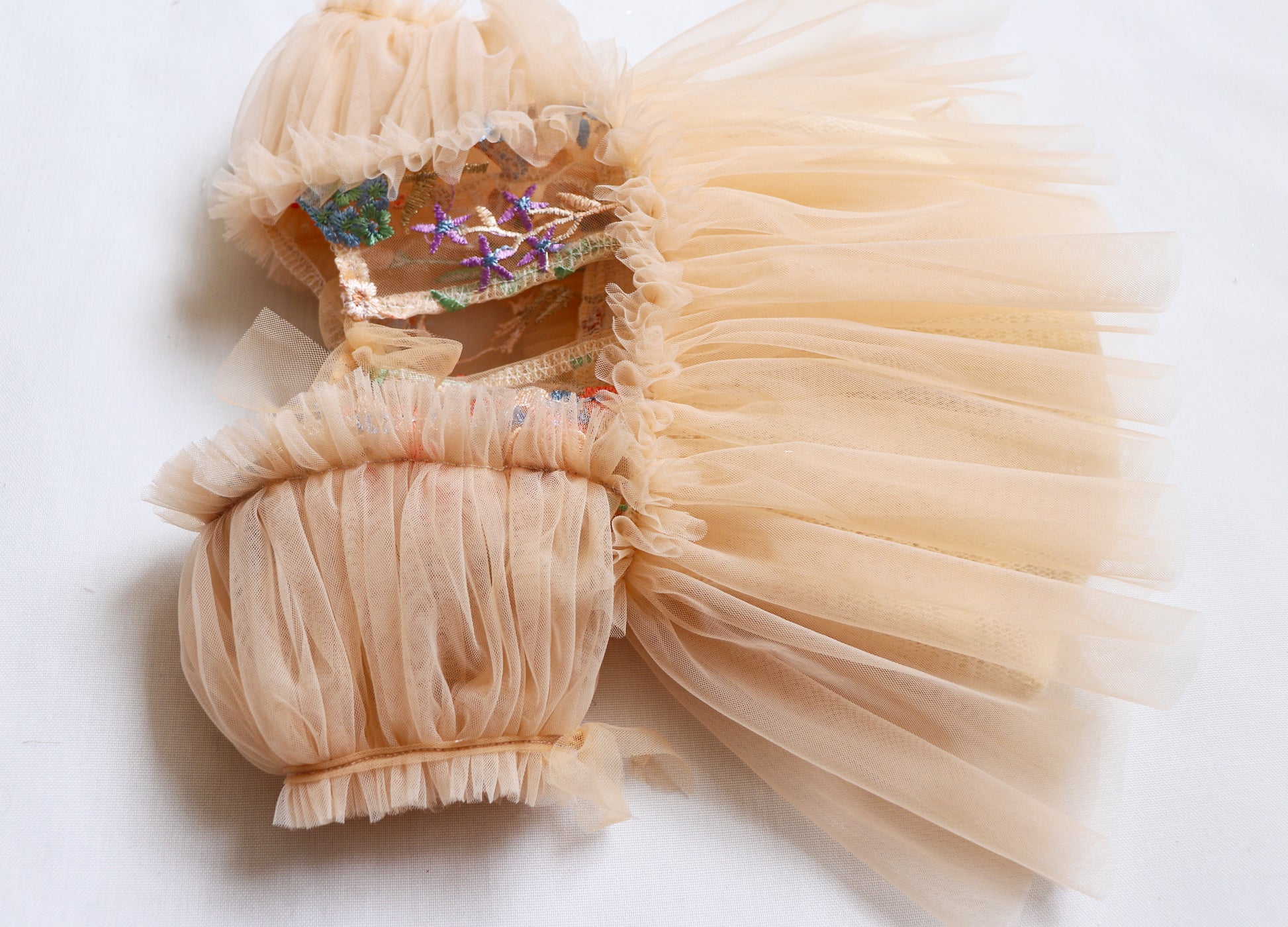 FLEUR MARGOT beige delicate newborn photoshoot dress with tulle skirt and floral embroidery