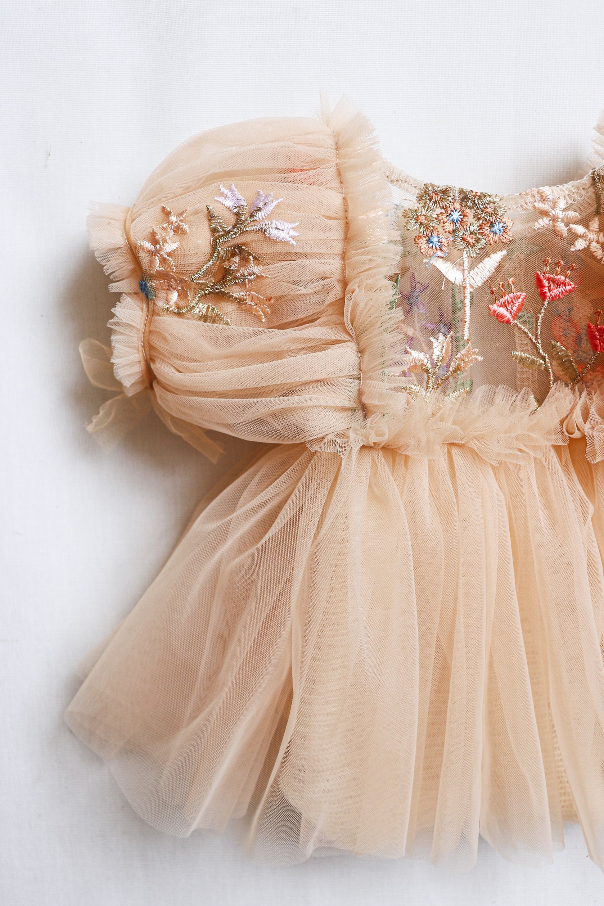 FLEUR MARGOT elegant beige newborn photoshoot dress with puff sleeves and floral embroidery