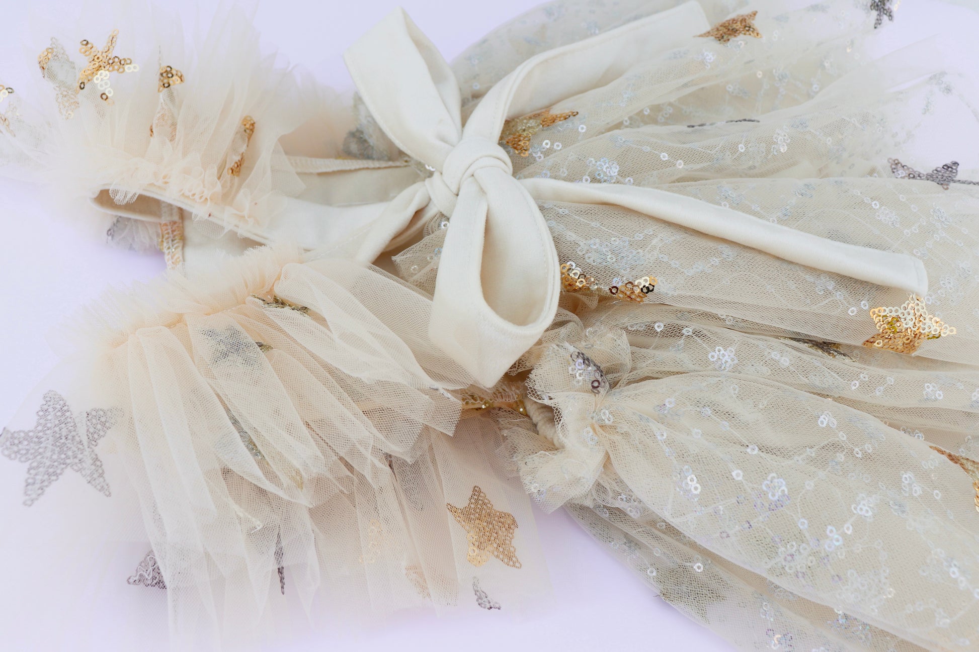Cream tulle baby dress with star sequins and bow by FLEUR MARGOT sitter session dress for photoshoots