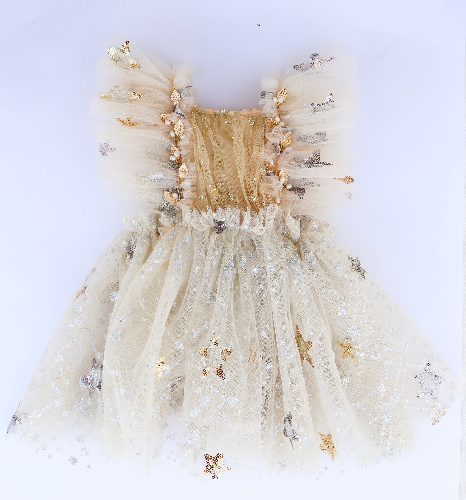 FLEUR MARGOT cream gold tulle tutu with star sequins and floral appliques sitter session dress for photoshoots