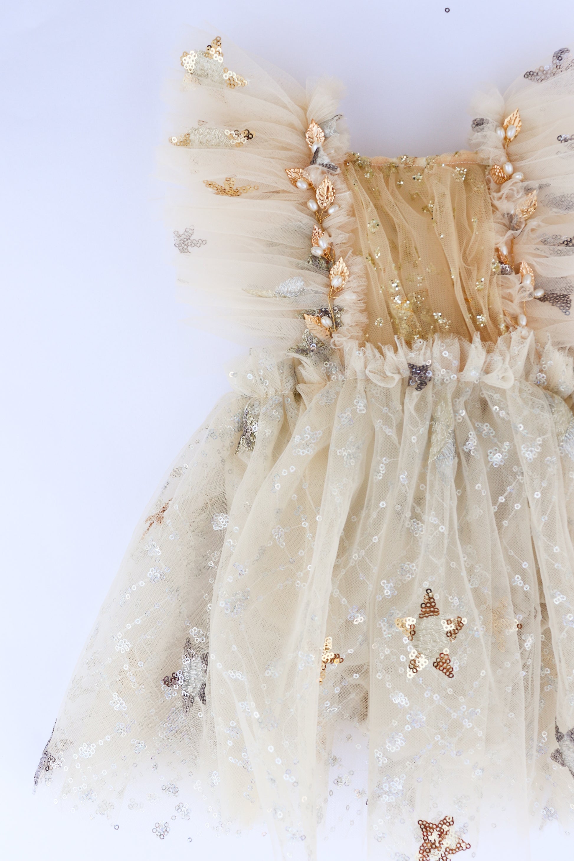 FLEUR MARGOT ivory tulle floral embellished sitter session dress for photoshoots with ruffled sleeves