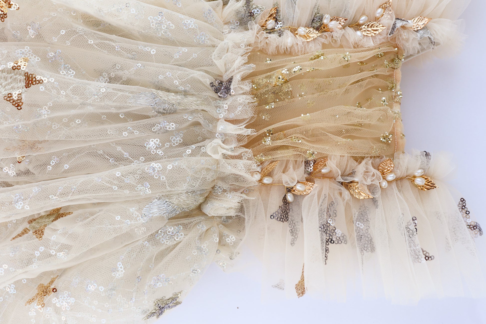 FLEUR MARGOT gold tulle lace sitter session dress for photoshoots with sequins ruffles and floral applique