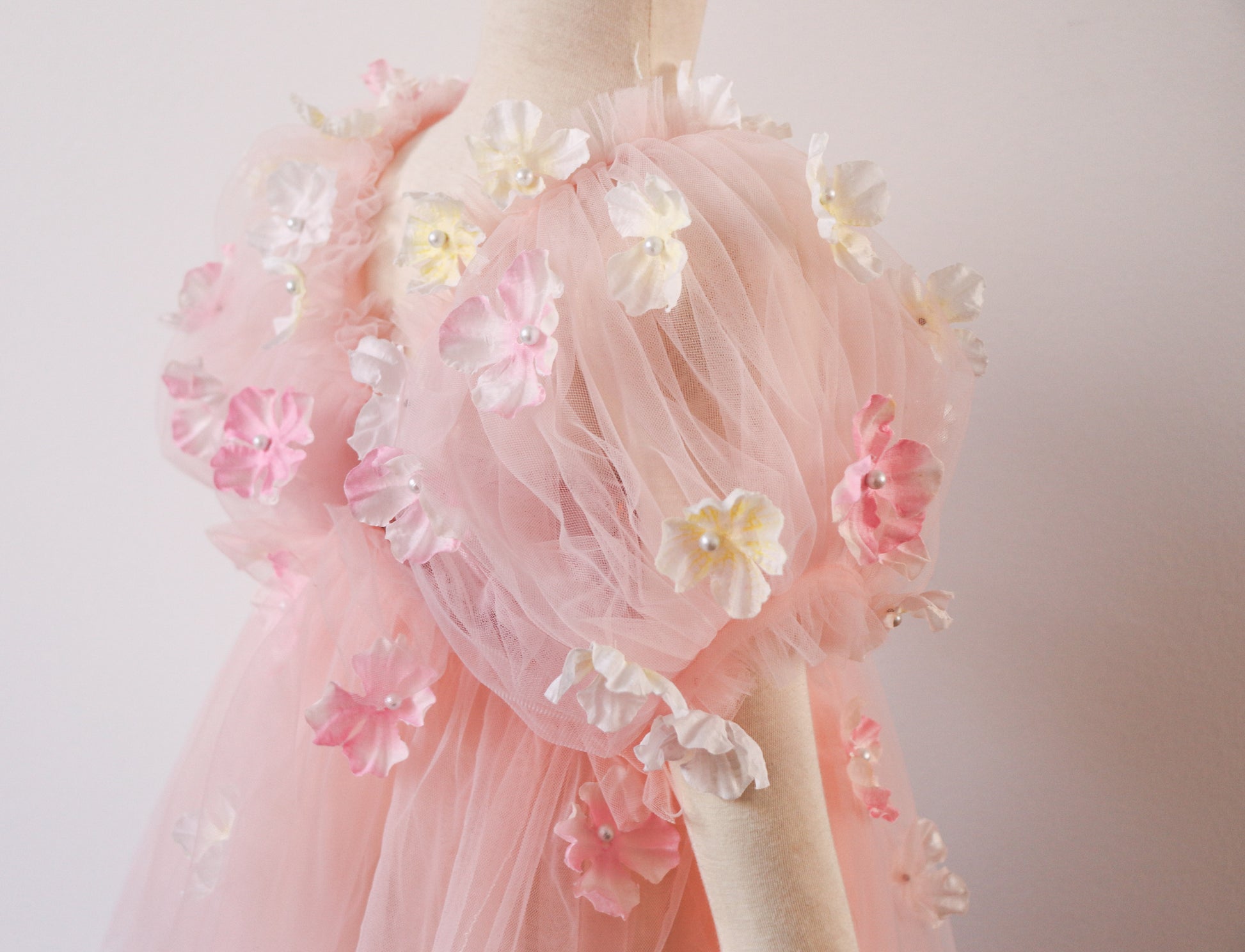 FLEUR MARGOT pink rose fairy baby dress with delicate floral appliques and puff sleeves
