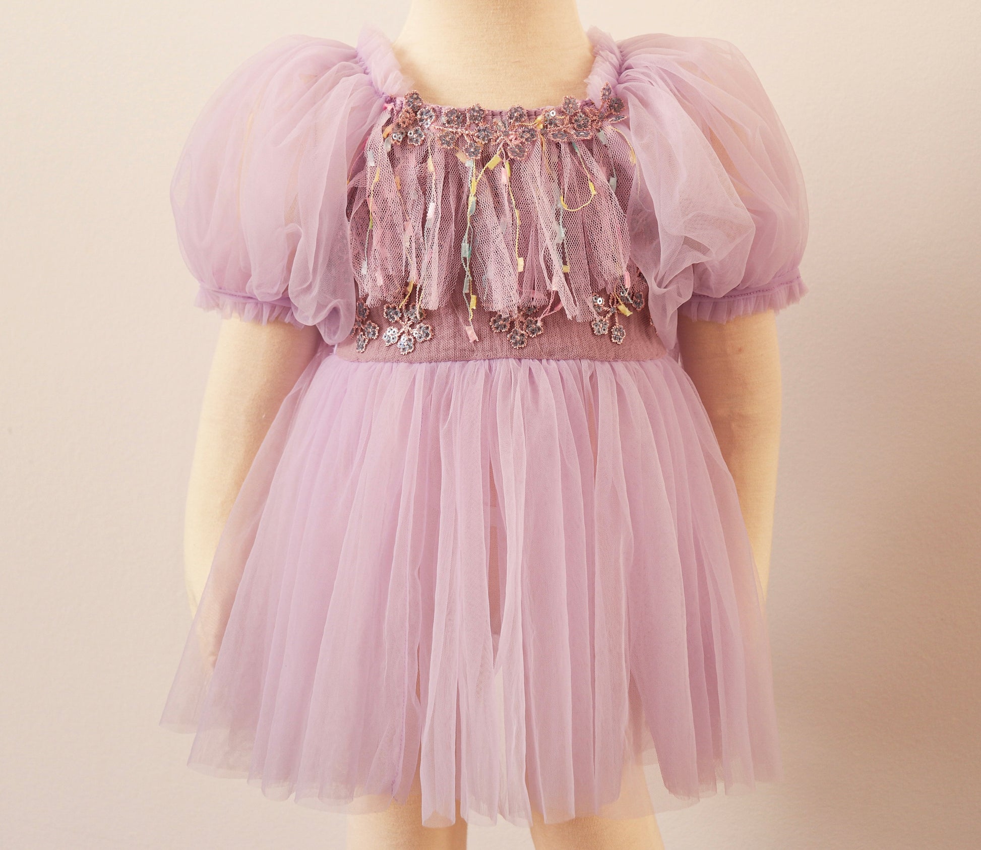 FLEUR MARGOT purple sitter photography dress with puff sleeves and floral appliques