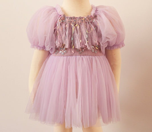 FLEUR MARGOT purple sitter photography dress with puff sleeves and floral appliques
