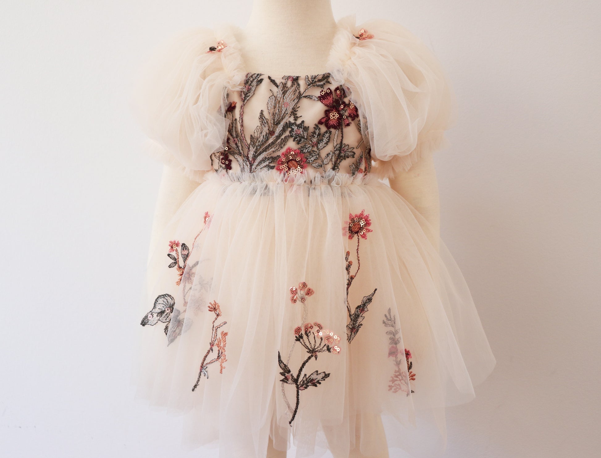 Infant lace dress for photoshoot with floral embroidery and puffed tulle sleeves in soft beige