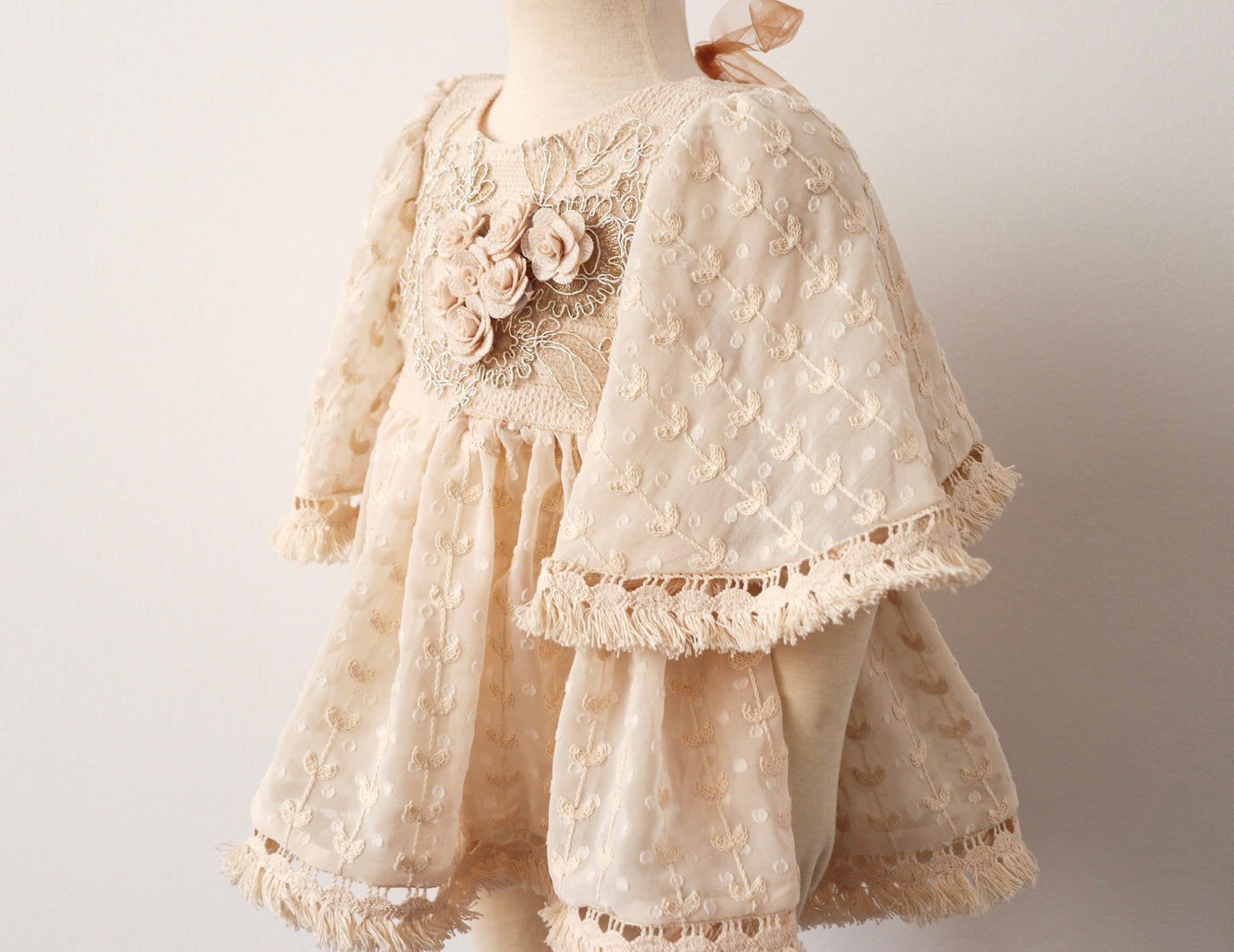 FLEUR MARGOT beige vintage style sitter session dress with floral embroidery and lace trim