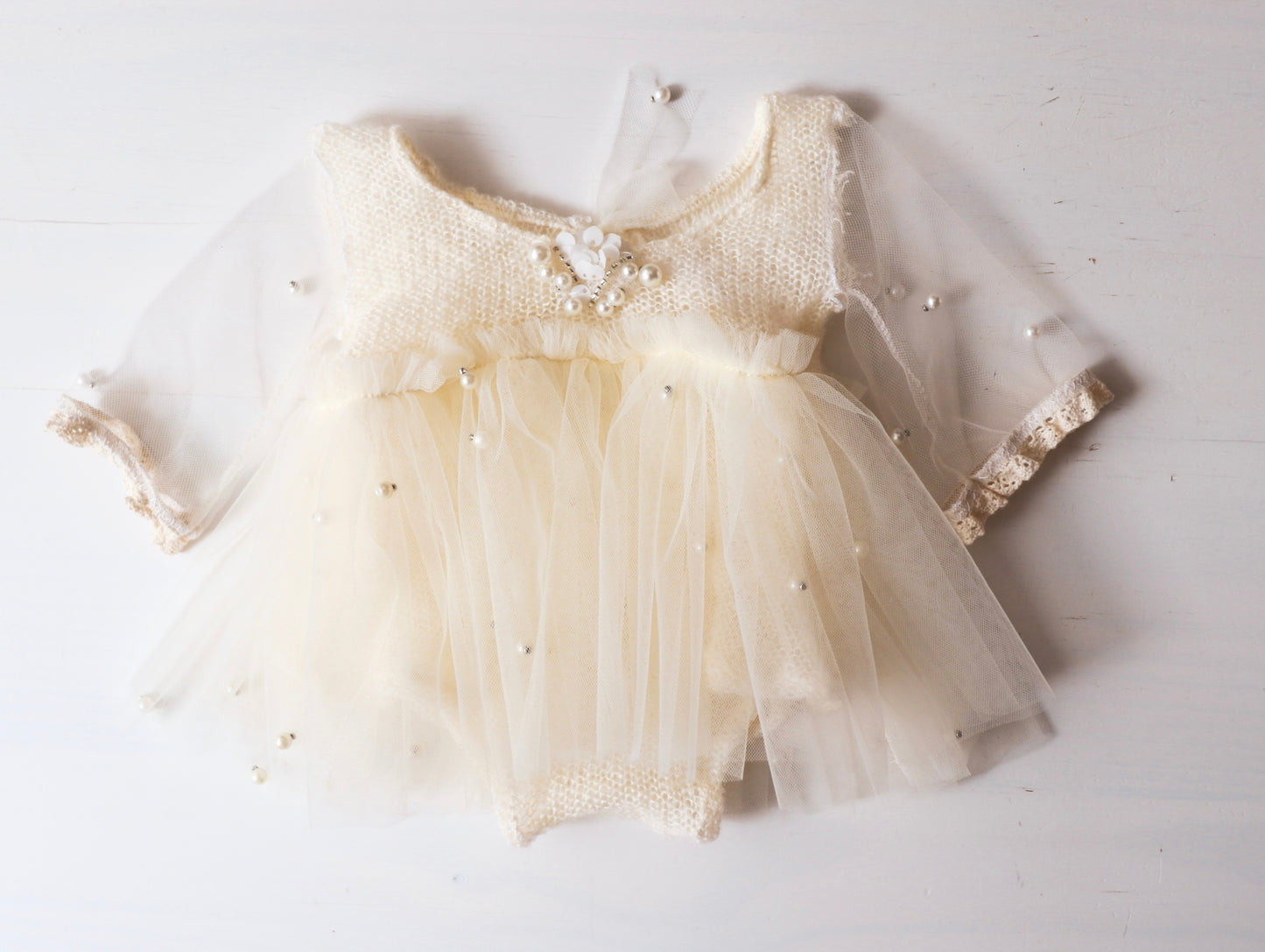 Elegant Newborn Girl Romper Dresses: Soft Wool & Pearls Tulle in Cream   The Perfect Blend of Elegance and Comfort