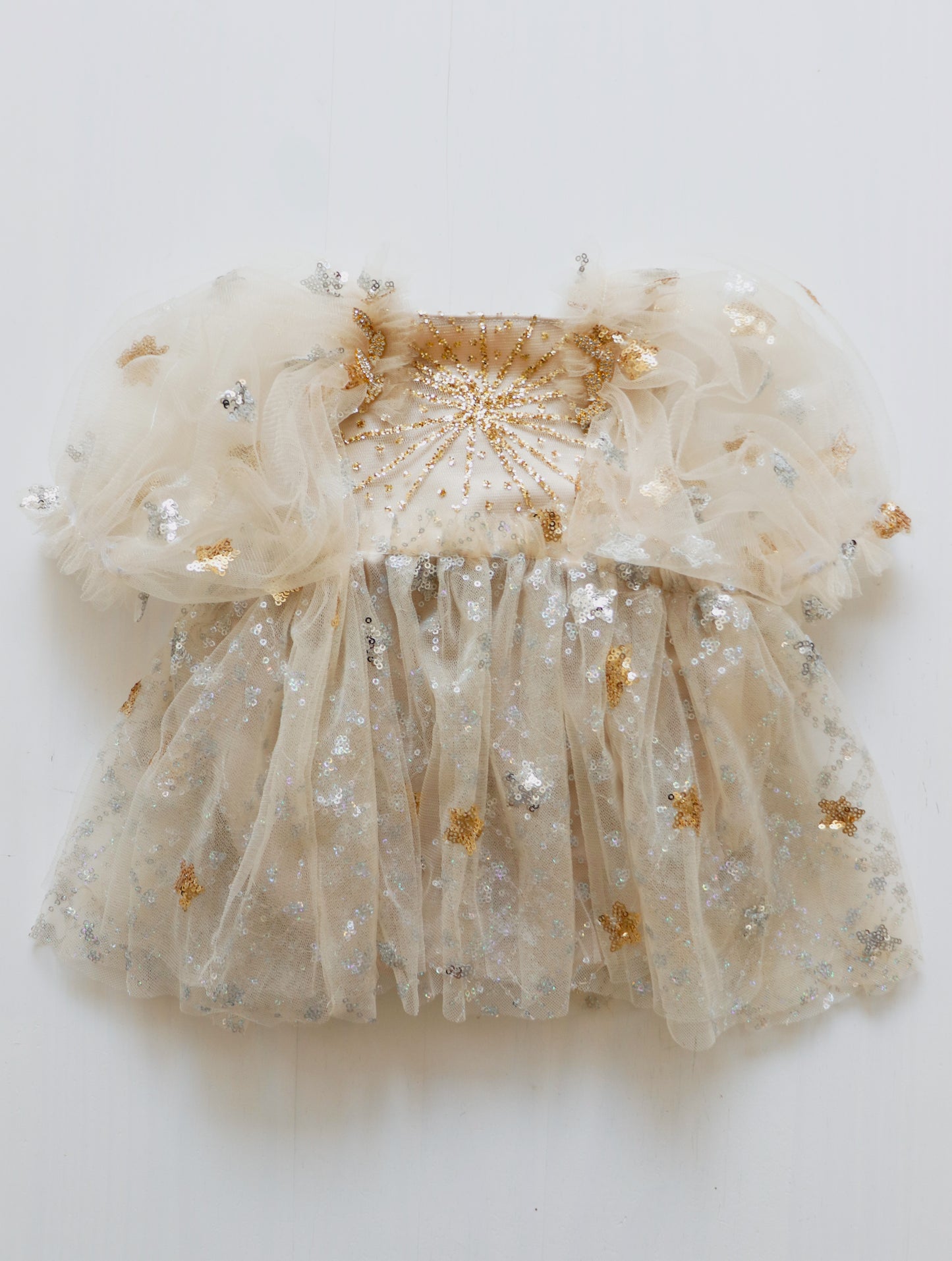 Girl's Christmas Playsuit in Soft Beige Velvet with Golden Sequin Tulle and Puffy Sleeves – Shiny and Dazzling Look