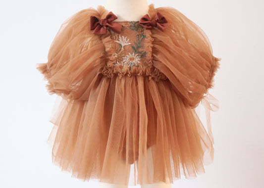 "Little girl in a soft brown tulle dress with puffy sleeves and brown velvet bows, standing in nature during a boho-style photoshoot."

