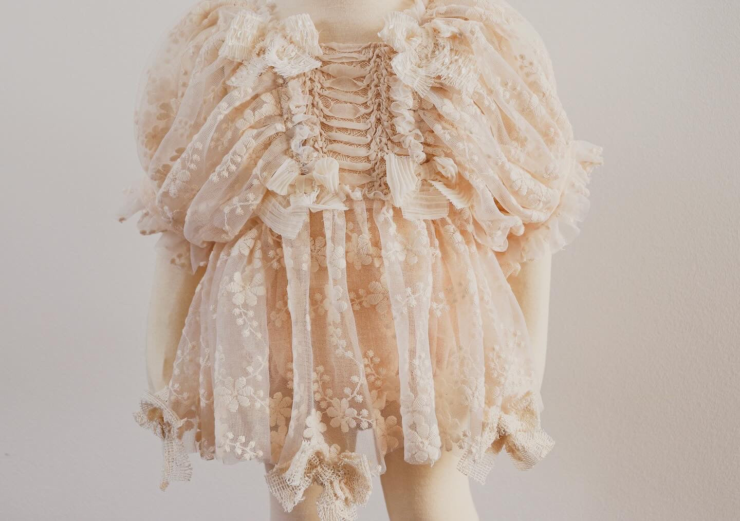 "Detail shot of embroidered puff sleeves and lace ribbons on a soft beige vintage dress for girls."


