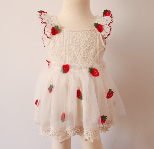 Adorable girl's dress with velvet lace bodice, embroidered chiffon skirt, and knitted strawberry tulle, perfect for spring events and photoshoots.


