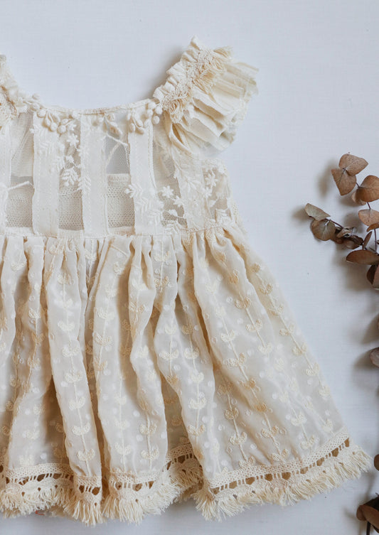 Whimsical boho girl dress with intricate lace embroidery, heart-detailed chiffon skirt, and elegant fringe accents