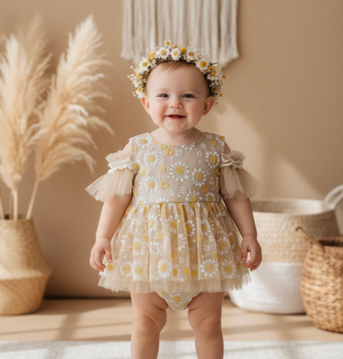 Beige Cream Baby Girl Dress Set Daisy Tulle & Bloomer