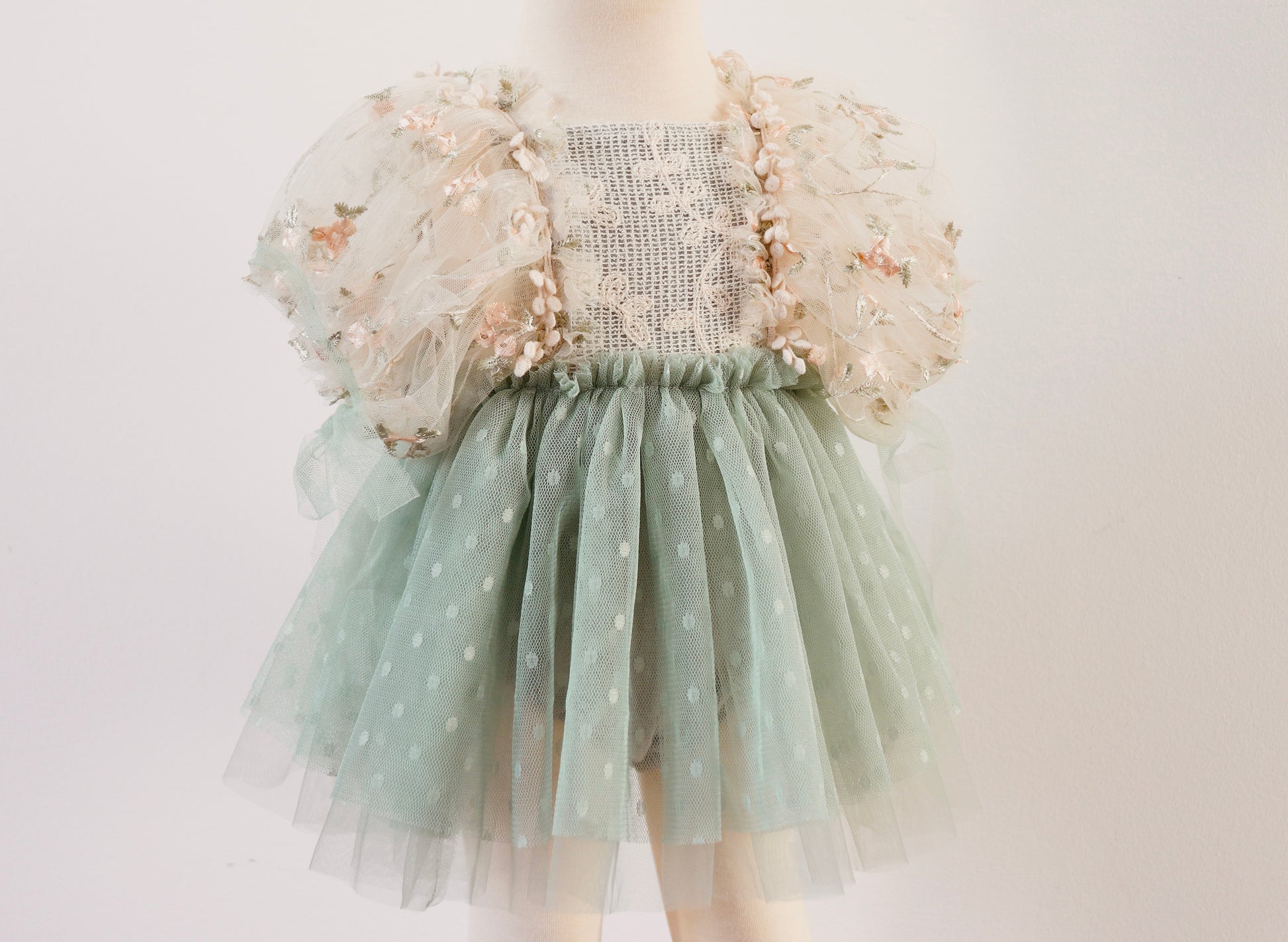 Sage Green Girl Dress with Puffy Tulle Sleeves & Vintage Lace – Perfect for Photoshoots


