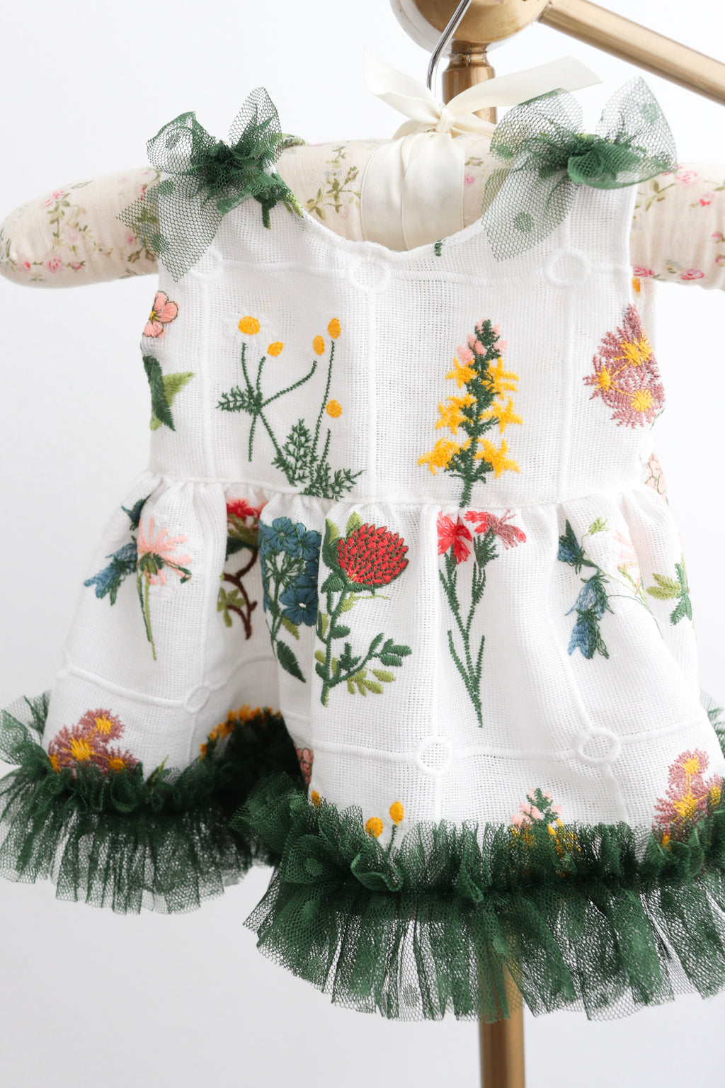 "Newborn mini girl dress with flower embroidery and green dottie tulle"

