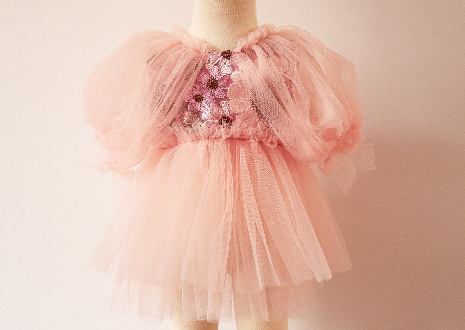 "Soft pink girl dress with embroidered flowers on the bodice, puffy tulle sleeves, and a flowing tulle skirt – ideal for spring fairy photoshoots."

