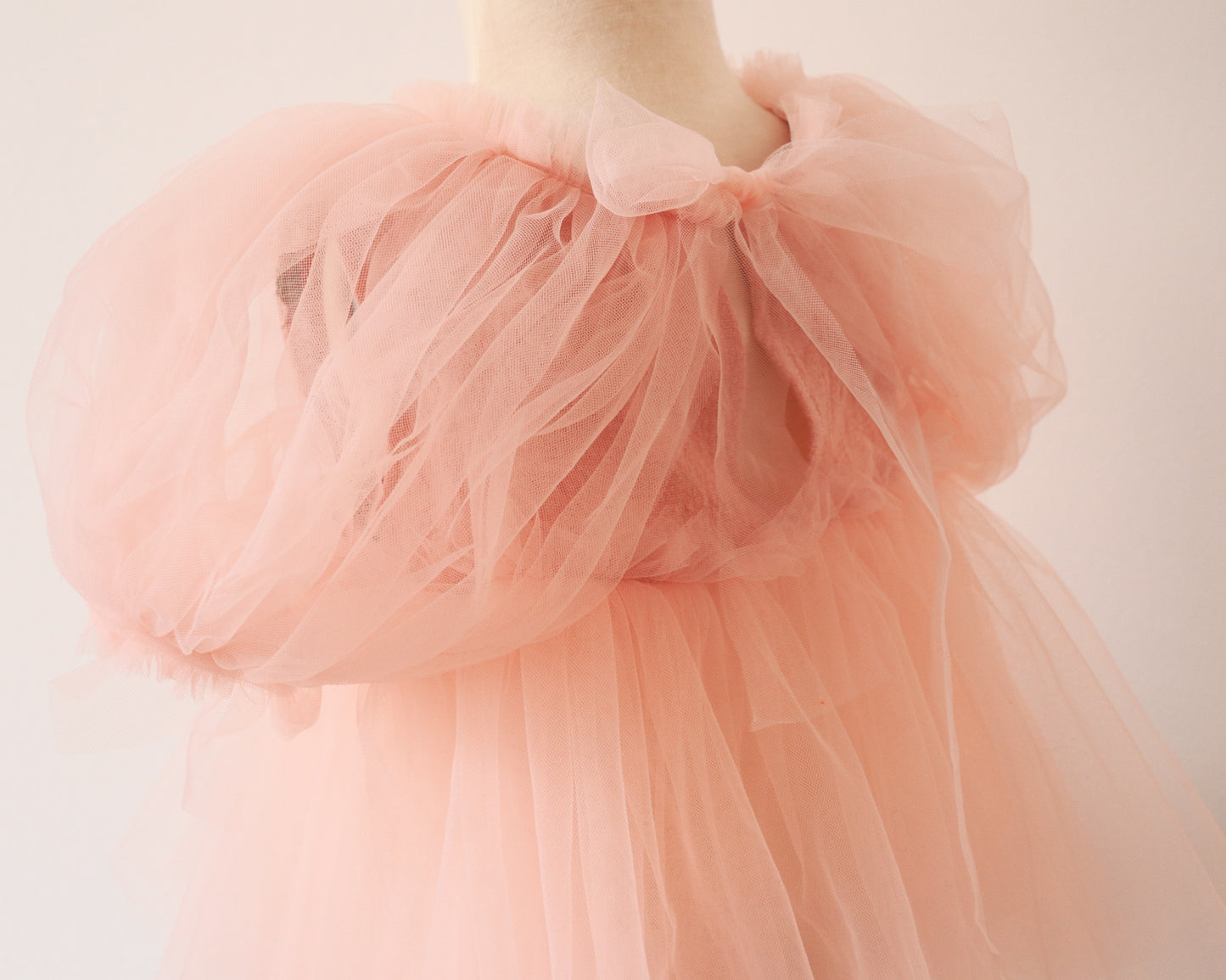 "Close-up of a pink tulle dress featuring floral embroidery and delicate puff sleeves, styled for an outdoor spring session."

