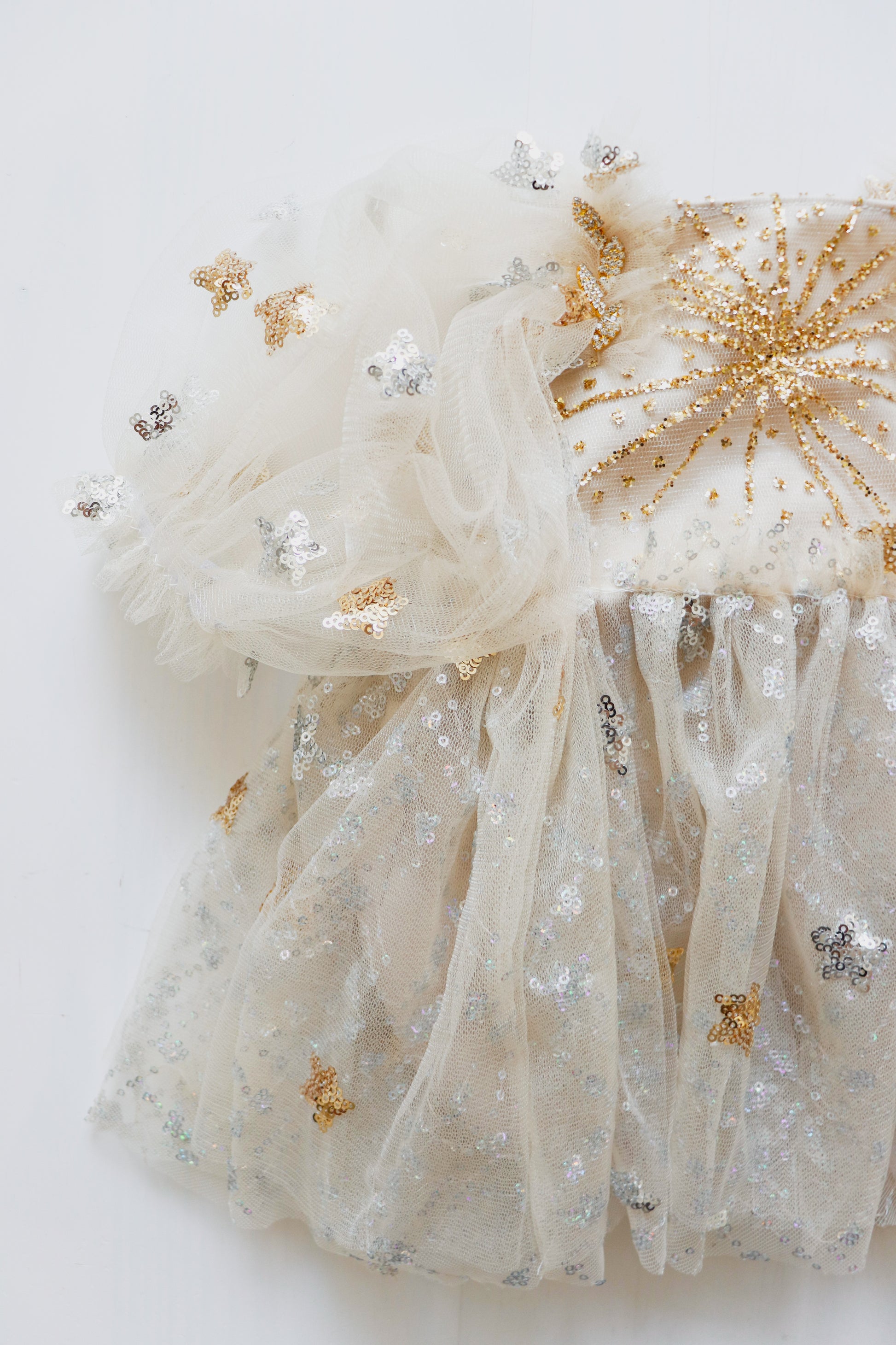 Girl’s Beige Velvet Playsuit with Sparkling Golden Tulle and Two Golden Trim Details on Chest – Perfect for Special Occasions