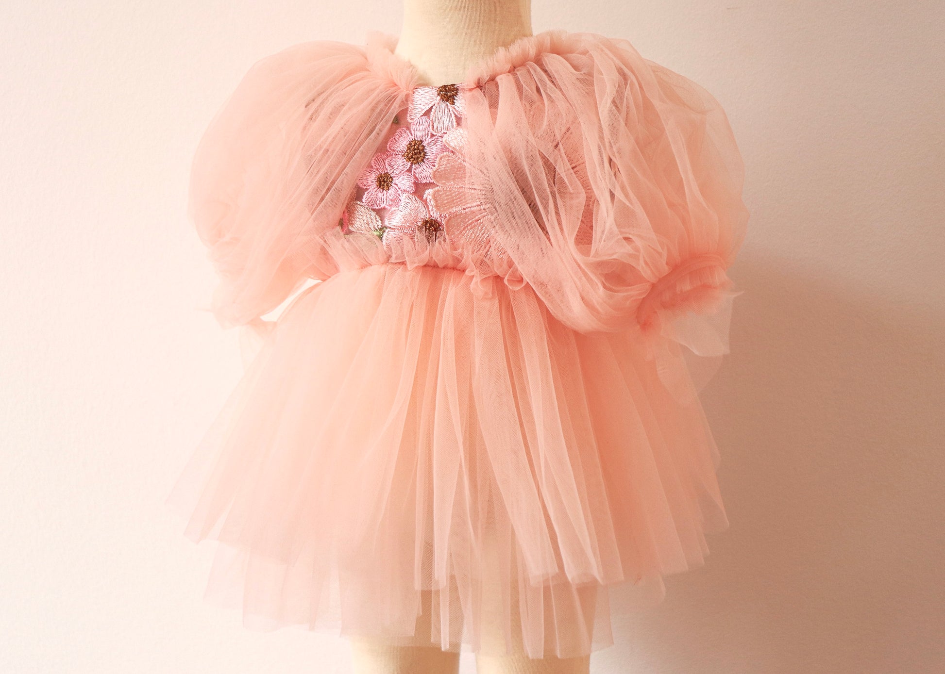 "Little girl twirling in a fairy-inspired pink dress with soft tulle layers and flower details during a spring garden photoshoot."

